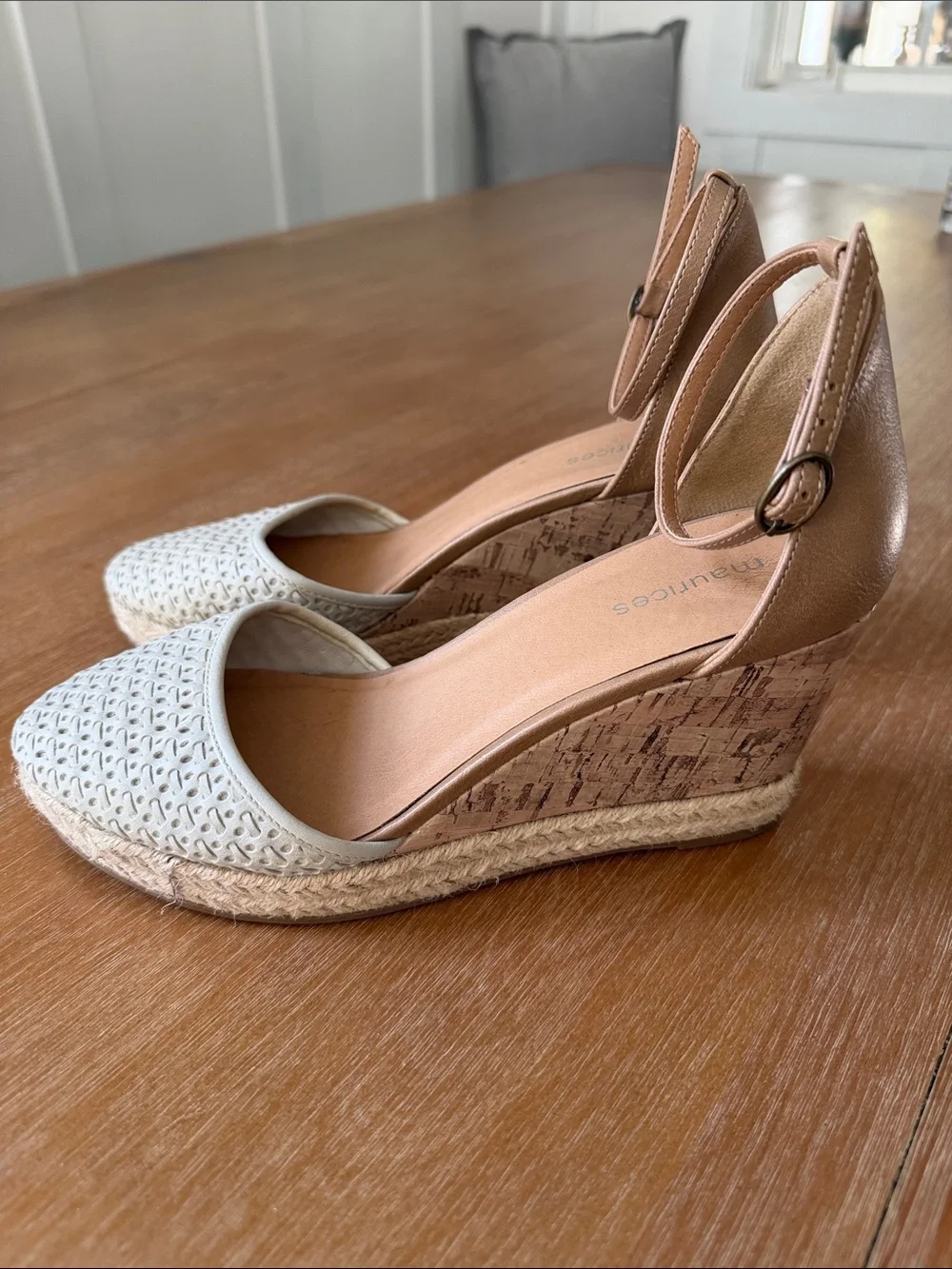 White Textured  Ankle Strap wedge